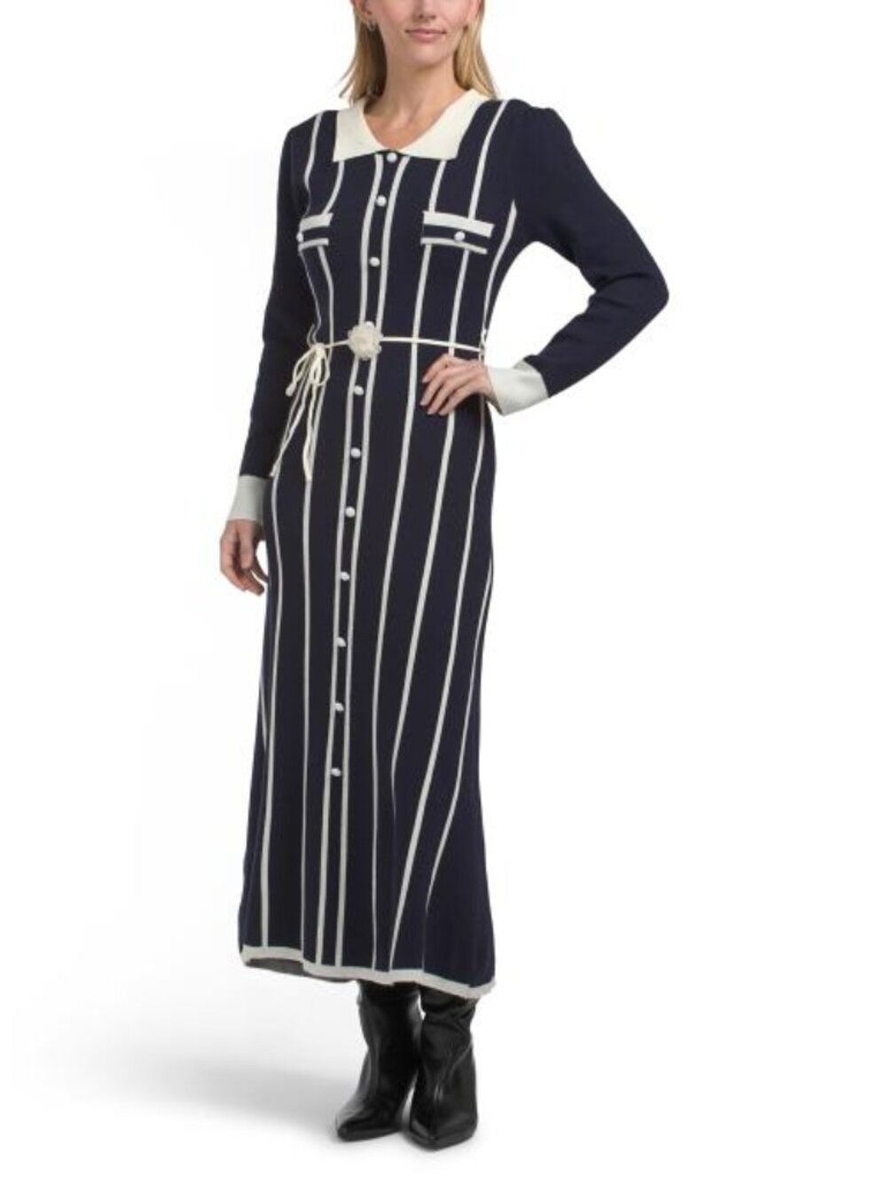 DALIA MACPHEE Long Sleeve Floral Rope Belt Sweater Dress
